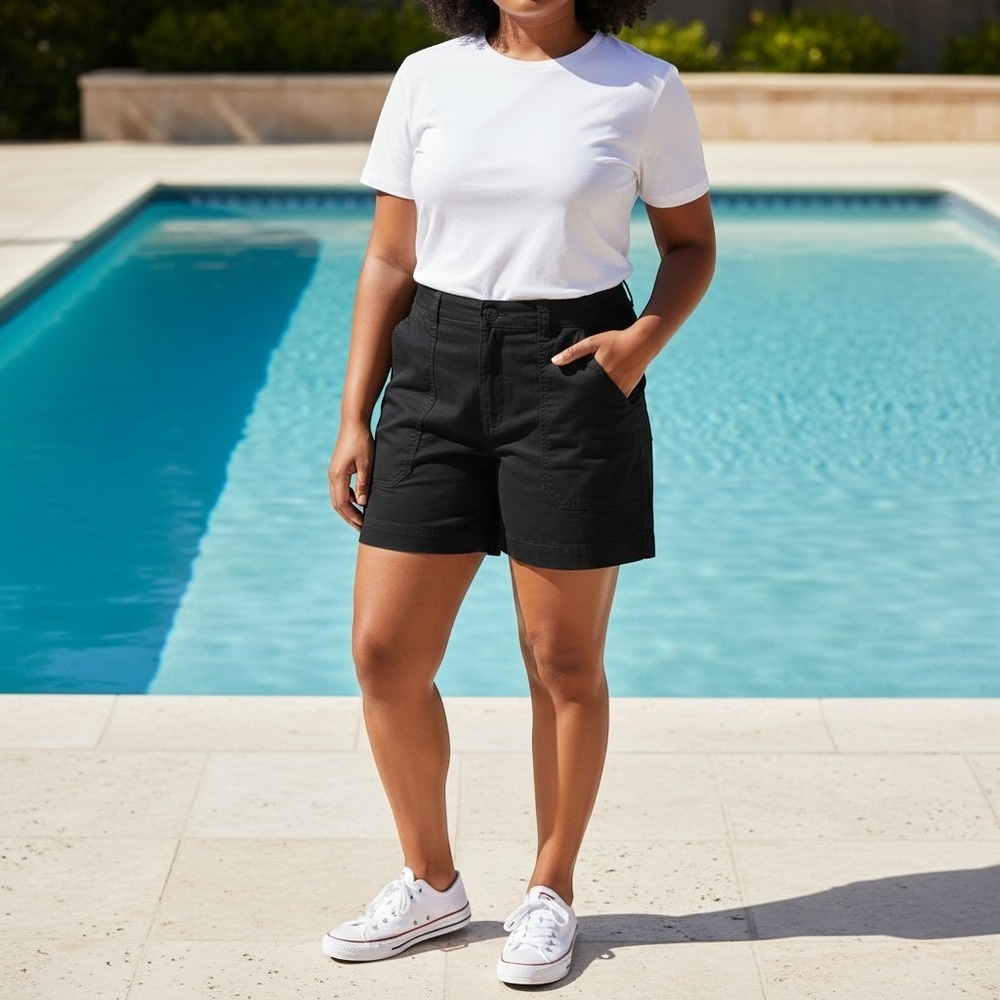 Womens Black Utility High Rise Patch Pocket Shorts Elastic Waist Casual Relaxed